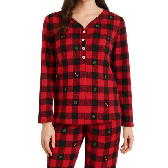 Jaclyn NY Red Buffalo Plaid Holiday Print Henley Pajama Set Women's Size M NWOT - Picture 1 of 15